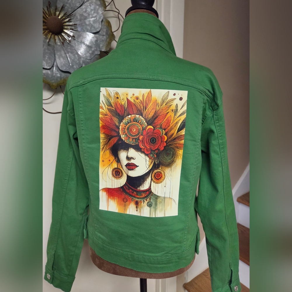 Green Women's Jacket with Artistic Back Panel